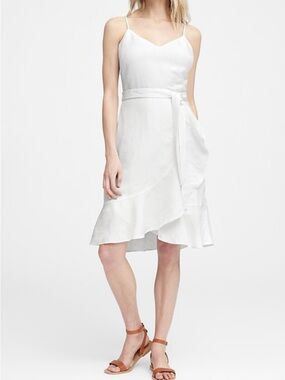 Banana Republic White Linen Midi Dress Asymmetrical Hem Slip Dress Size 8